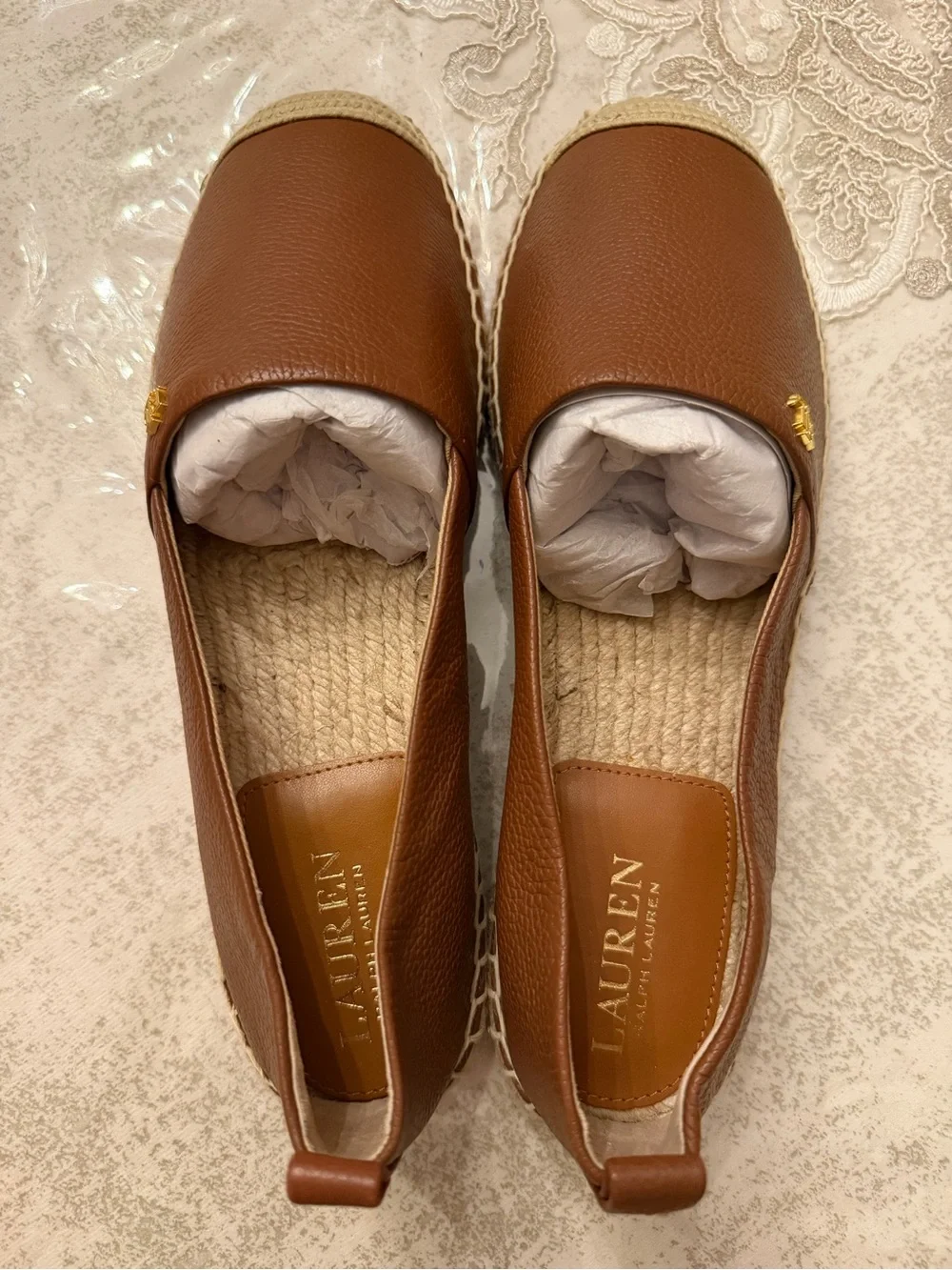 Ralph Lauren Women’s Espadrille Slip-On Shoes Brown Leather Look Size 9 NWOB